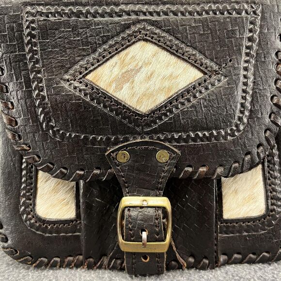Vintage Hand Tooled Leather Crossbody Purse Womens Brown Hair-On Hide Western - Picture 5 of 15